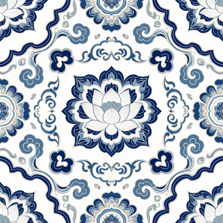 Blue and white lotus seamless pattern