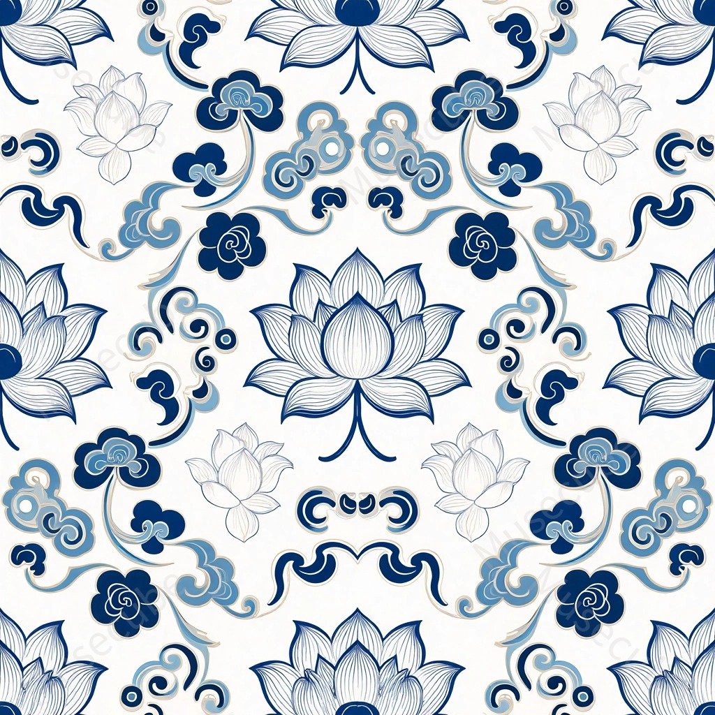 Porcelain Lotus & Ruyi Clouds in porcelain blue
