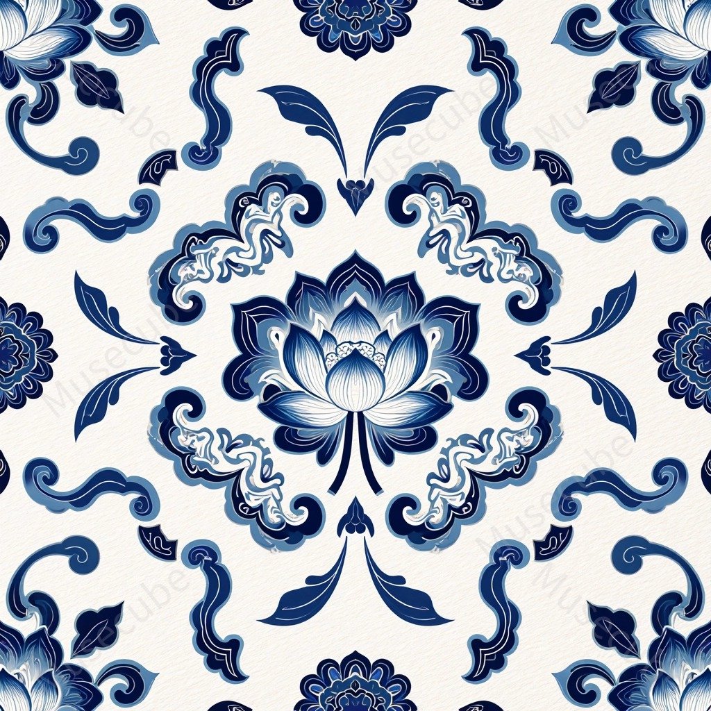 Indigo Lotus & Floral Crest in porcelain blue