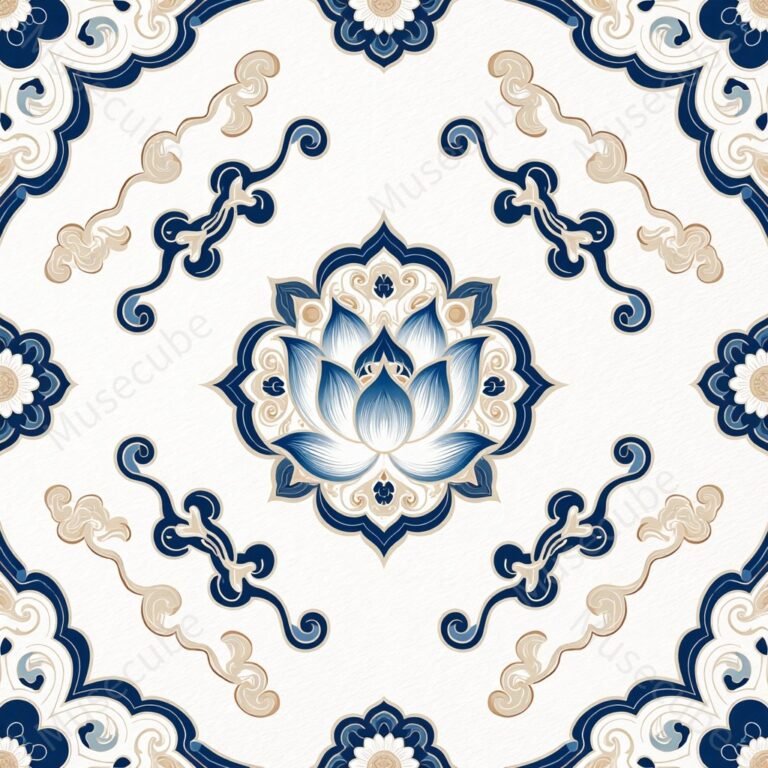 Cobalt Lotus & Golden Scroll Digital pattern