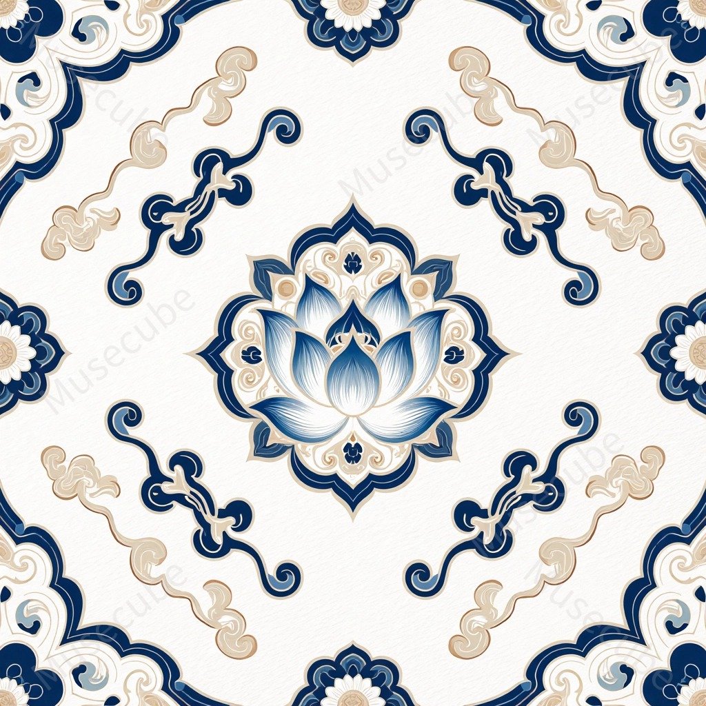 Cobalt Lotus & Golden Scroll in porcelain blue