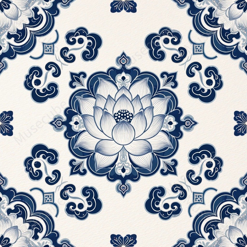 Azure Lotus & Ruyi Clouds in porcelain blue